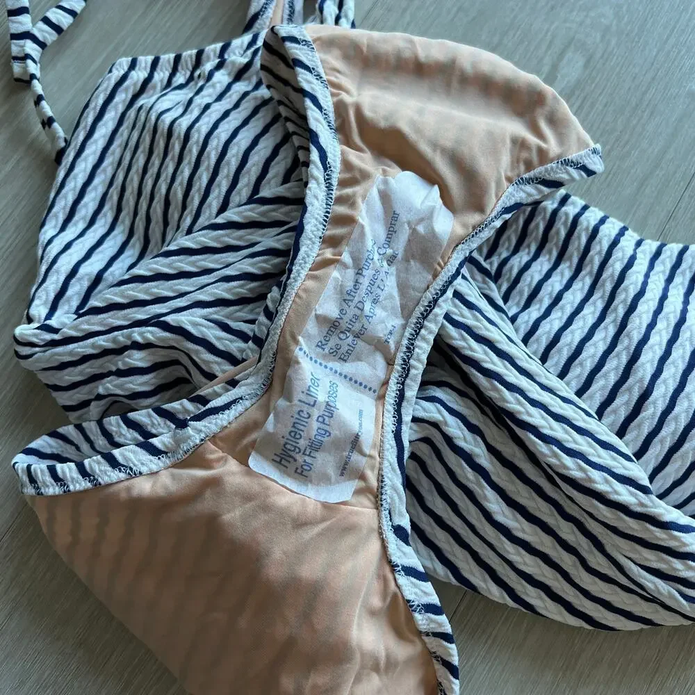 J Crew Factory Striped Tie Shoulder One Piece Swimsuit Large Antique Navy White